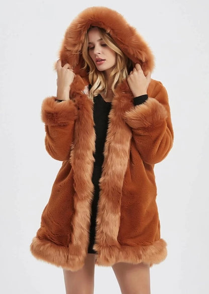 Womens Hooded Faux Fur Collar Coat